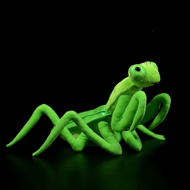 Realistic green Chinese mantis plush toy side view, showcasing lifelike legs and details by SoftDaysLab