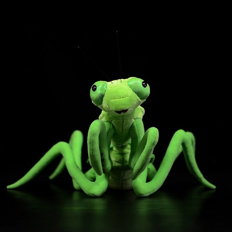 Front view of green Chinese mantis plush toy with detailed eyes and soft texture