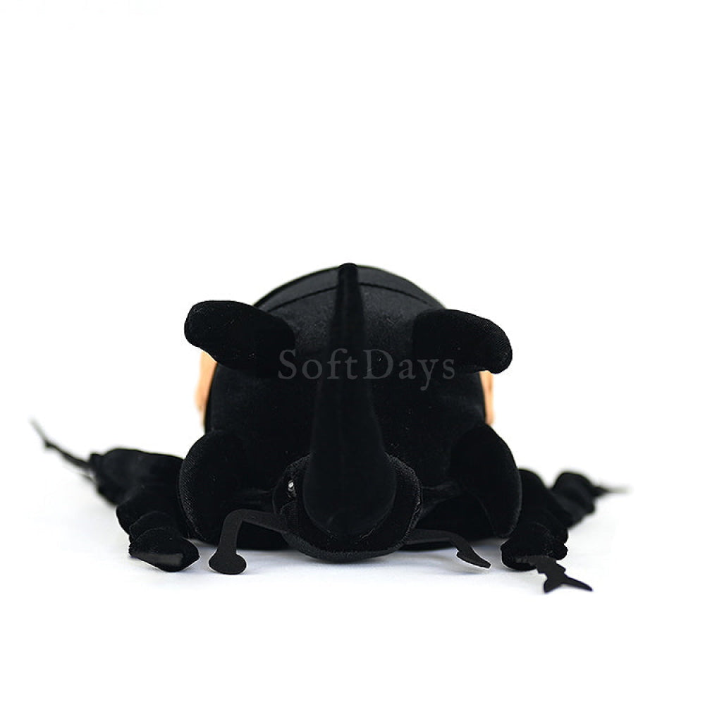 Front view of the lifelike five-horned beetle plush toy showing its prominent cephalic horn by SoftDaysLab