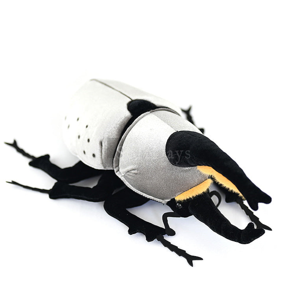Side angle of plush Western Hercules beetle showing detailed black horns and lifelike features