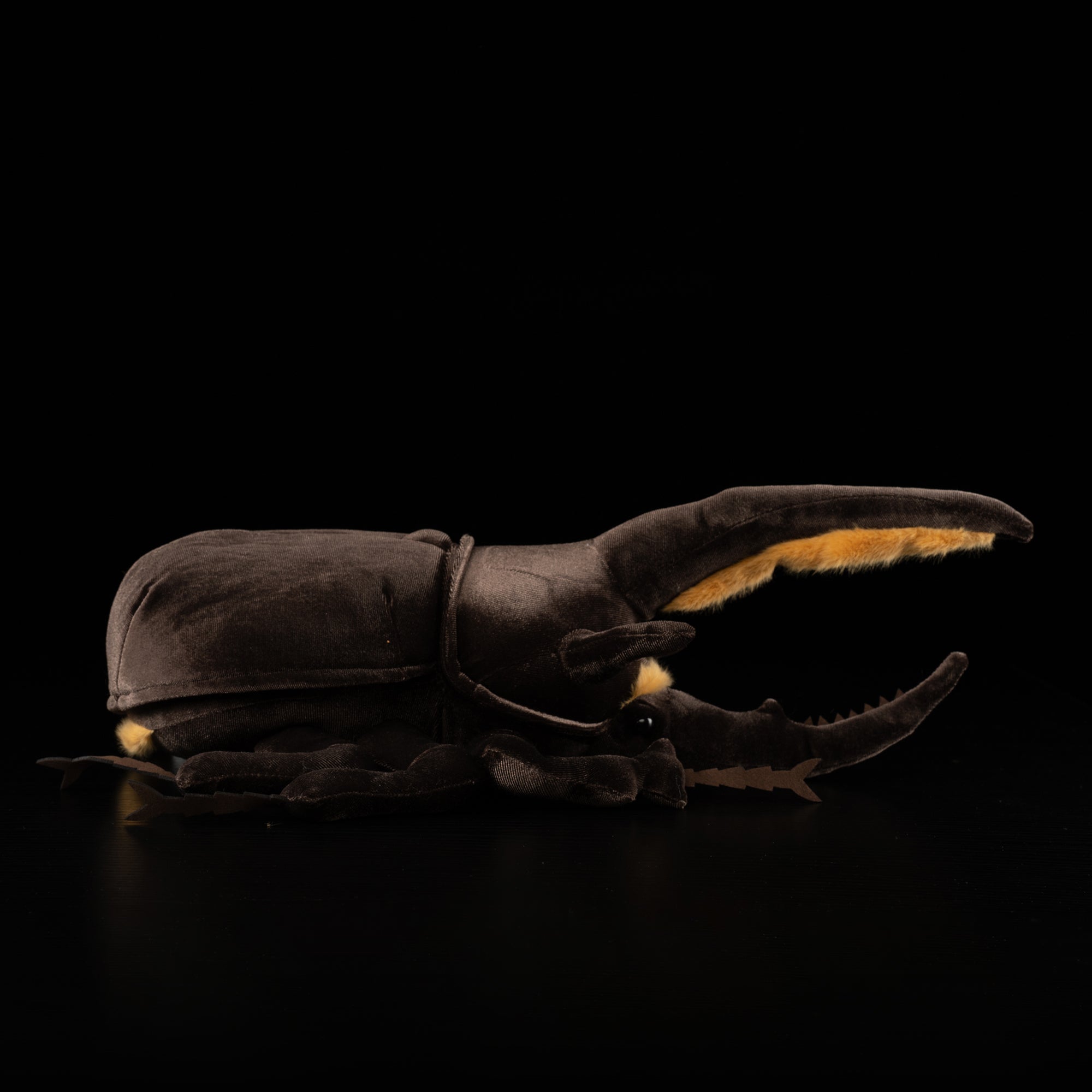 Profile of Neptune Hercules beetle plush emphasizing its soft, realistic body and textured horns