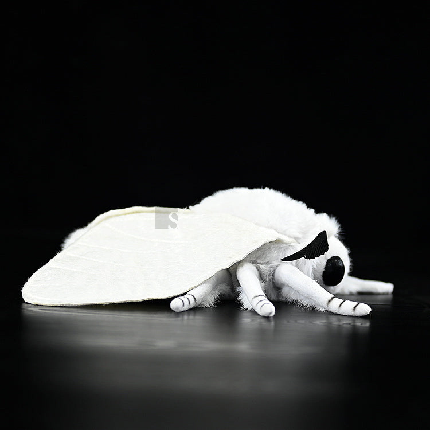 Side angle of Fall Webworm Moth plush highlighting its realistic antennae and soft texture