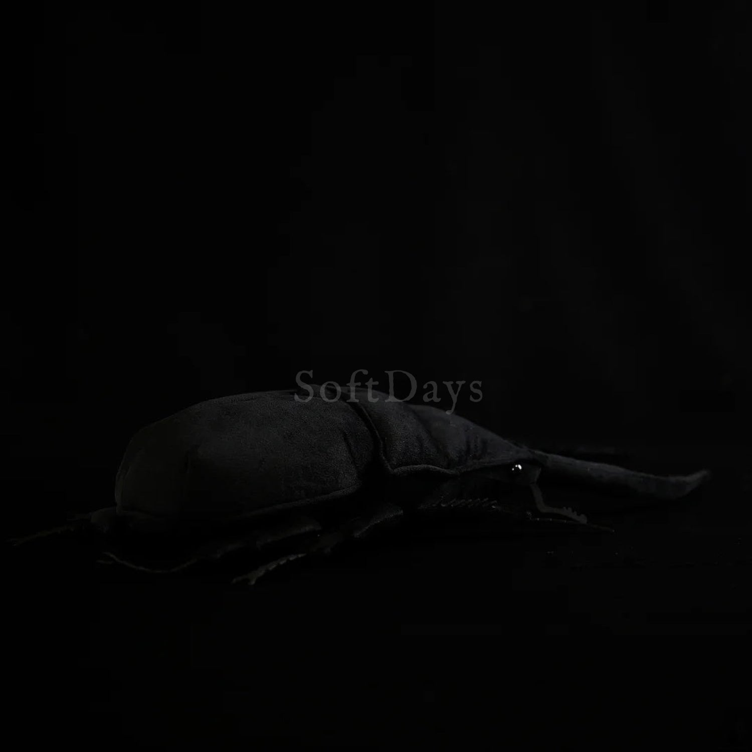 Side profile of Prosopocoilus confucius beetle plush with a soft, realistic black exoskeleton