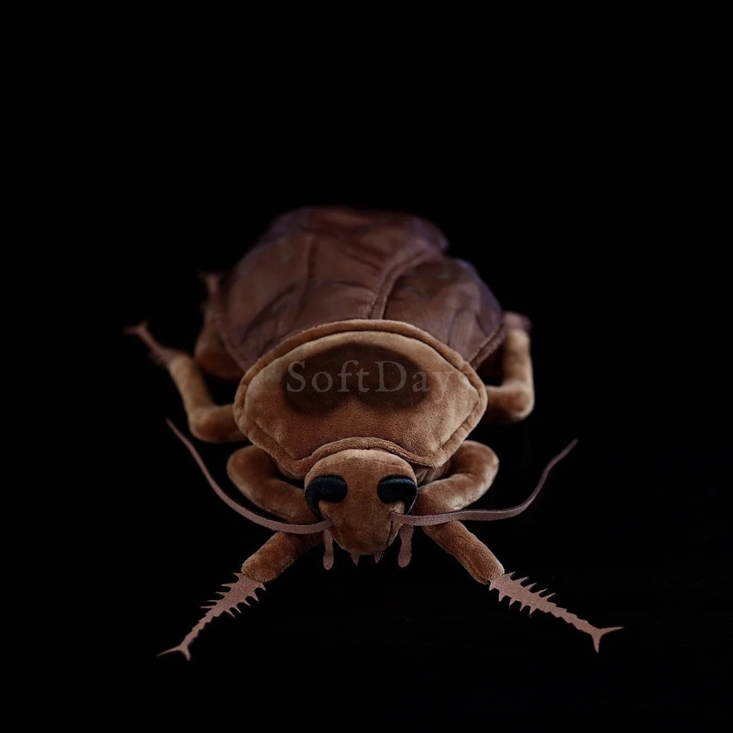 Front view of lifelike American cockroach plush toy with intricate details and realistic antennae
