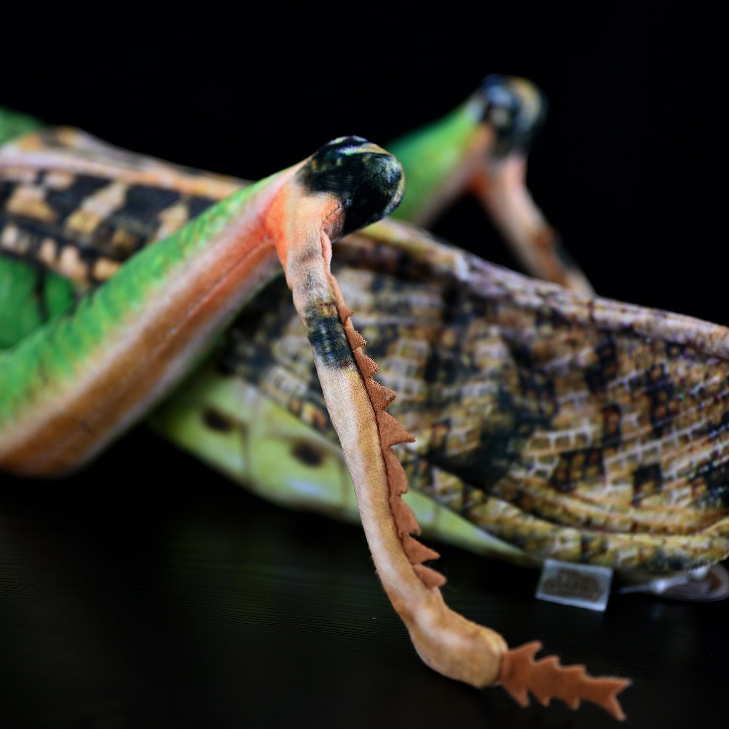 Close-up of green grasshopper plush showing intricate hind leg and wing texture with vivid colors