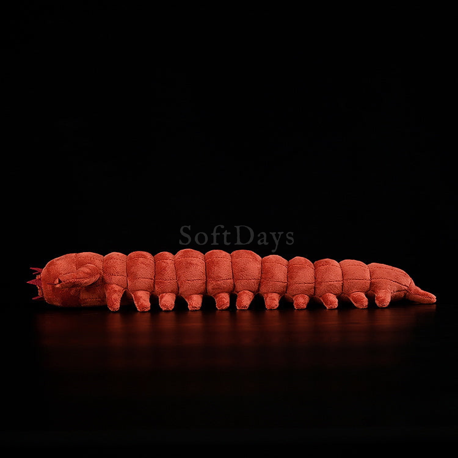 Full side view of the Aysheaia plush toy, highlighting its segmented body and soft texture by SoftDaysLab