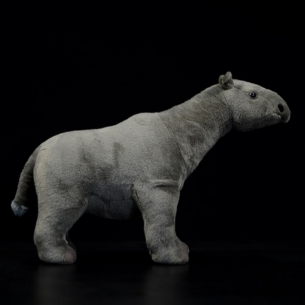 Side profile of Paraceratherium plush toy showcasing its long neck and lifelike design