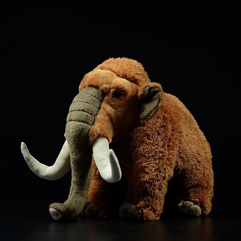 Realistic woolly mammoth plush toy with lifelike tusks and soft brown fur, perfect for Ice Age fans