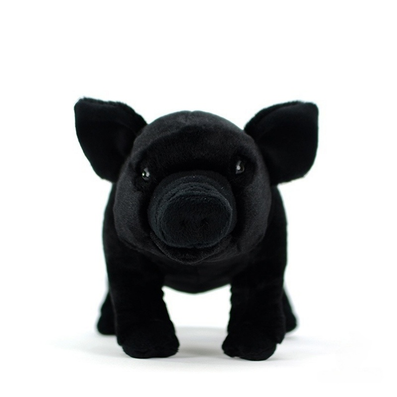 Front view of black pig plush toy with lifelike snout and ears, designed for cuddling or display