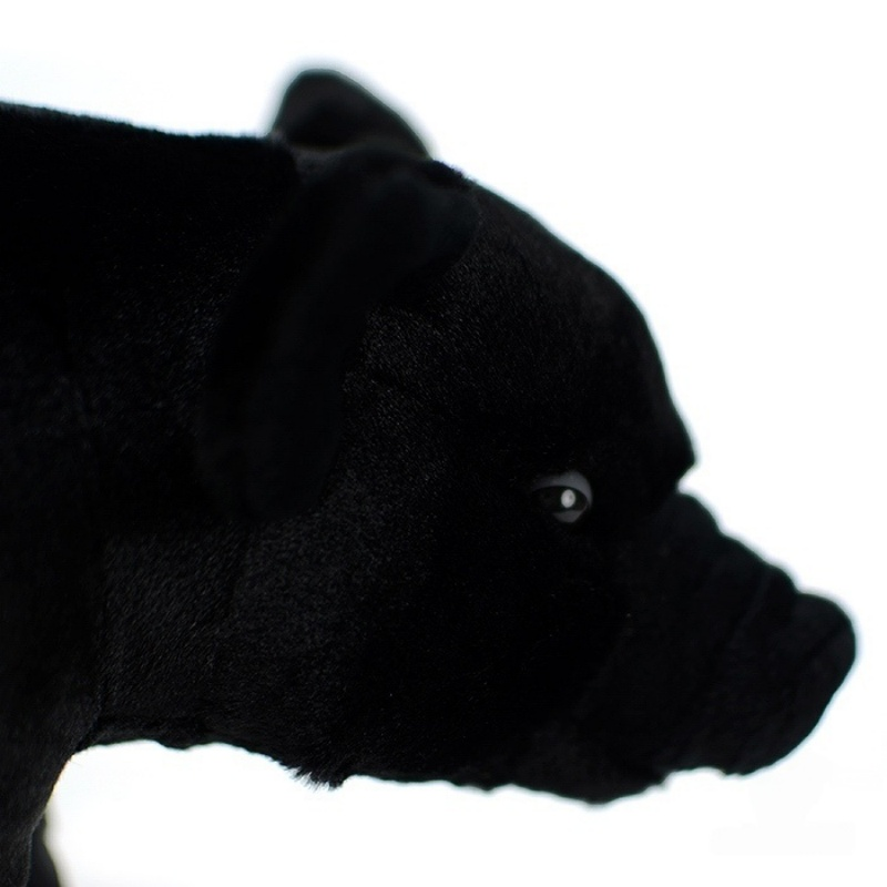 Close-up of black pig plush’s side profile, highlighting its realistic snout and soft detailed fabric