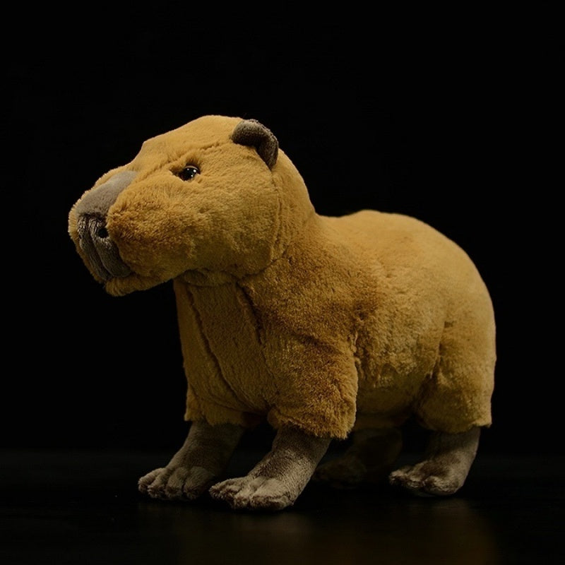 Side view of a realistic capybara plush toy with soft brown fur by SoftDaysLab
