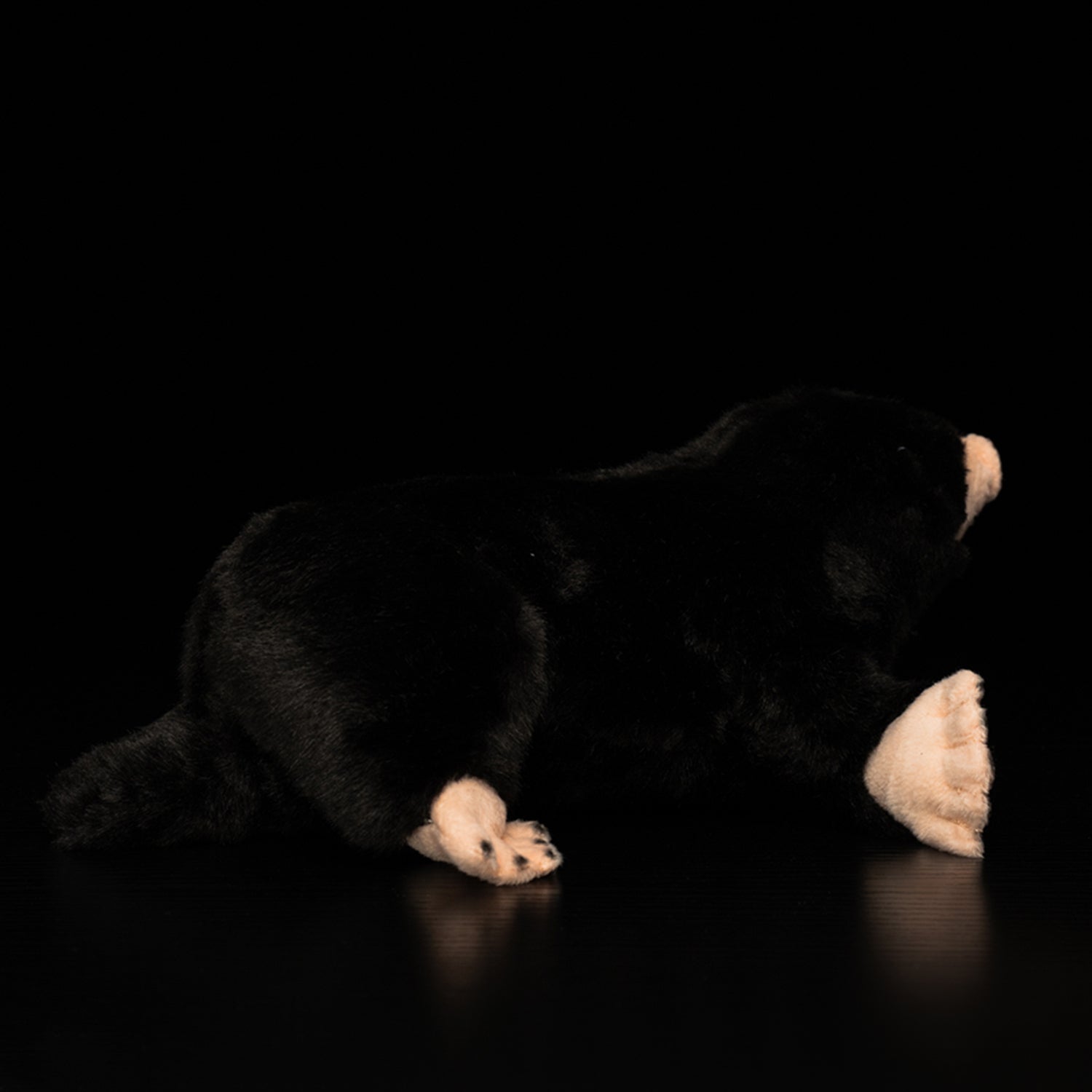 Rear view of a mole plush toy, highlighting its velvety black fur and adorable shape