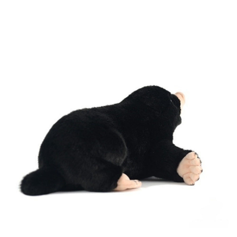 Rear view of a mole plush toy, highlighting its velvety black fur and adorable shape