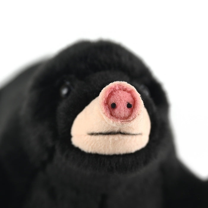 Close-up of a mole plush toy's pink snout, capturing the realistic charm of the animal