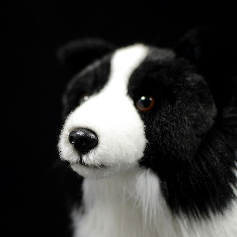 Close-up of Border Collie plush toy's face, featuring lifelike eyes and detailed nose