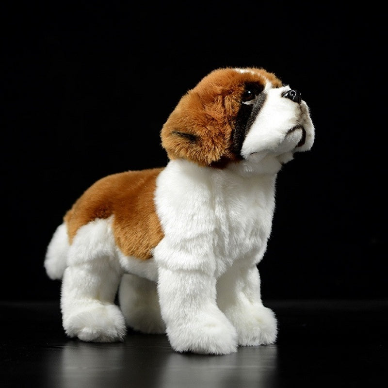 Side view of a realistic Saint Bernard puppy plush toy with soft fur and lifelike design by SoftDaysLab