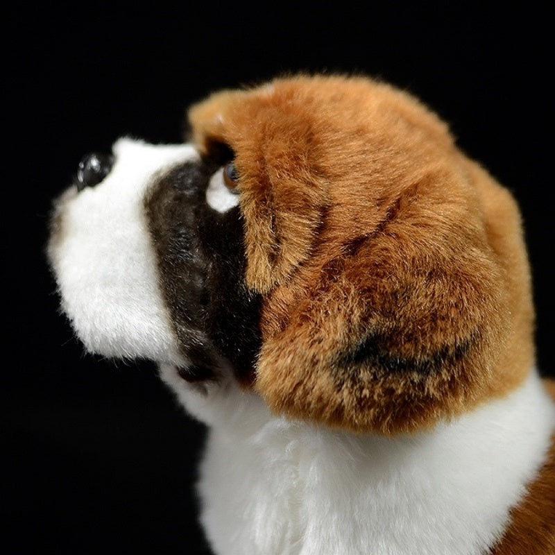 Side close-up of a Saint Bernard puppy plush toy’s ear and fur details for a realistic look by SoftDaysLab