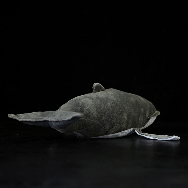 Rear angle of realistic baleen whale plush toy showing tail and dorsal fin by SoftDaysLab