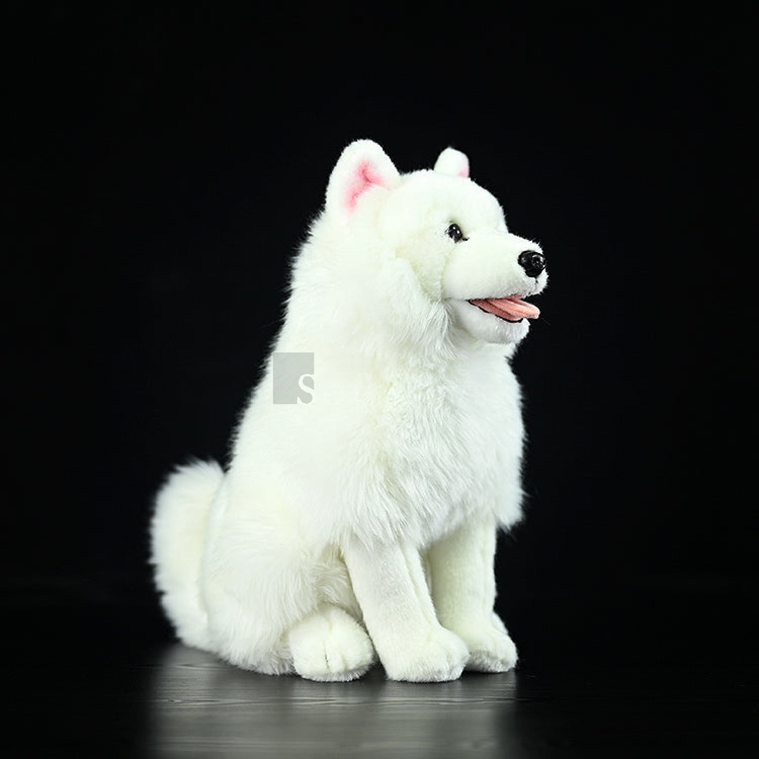Side view of realistic Samoyed plush toy sitting with soft fur and lifelike design by SoftDaysLab