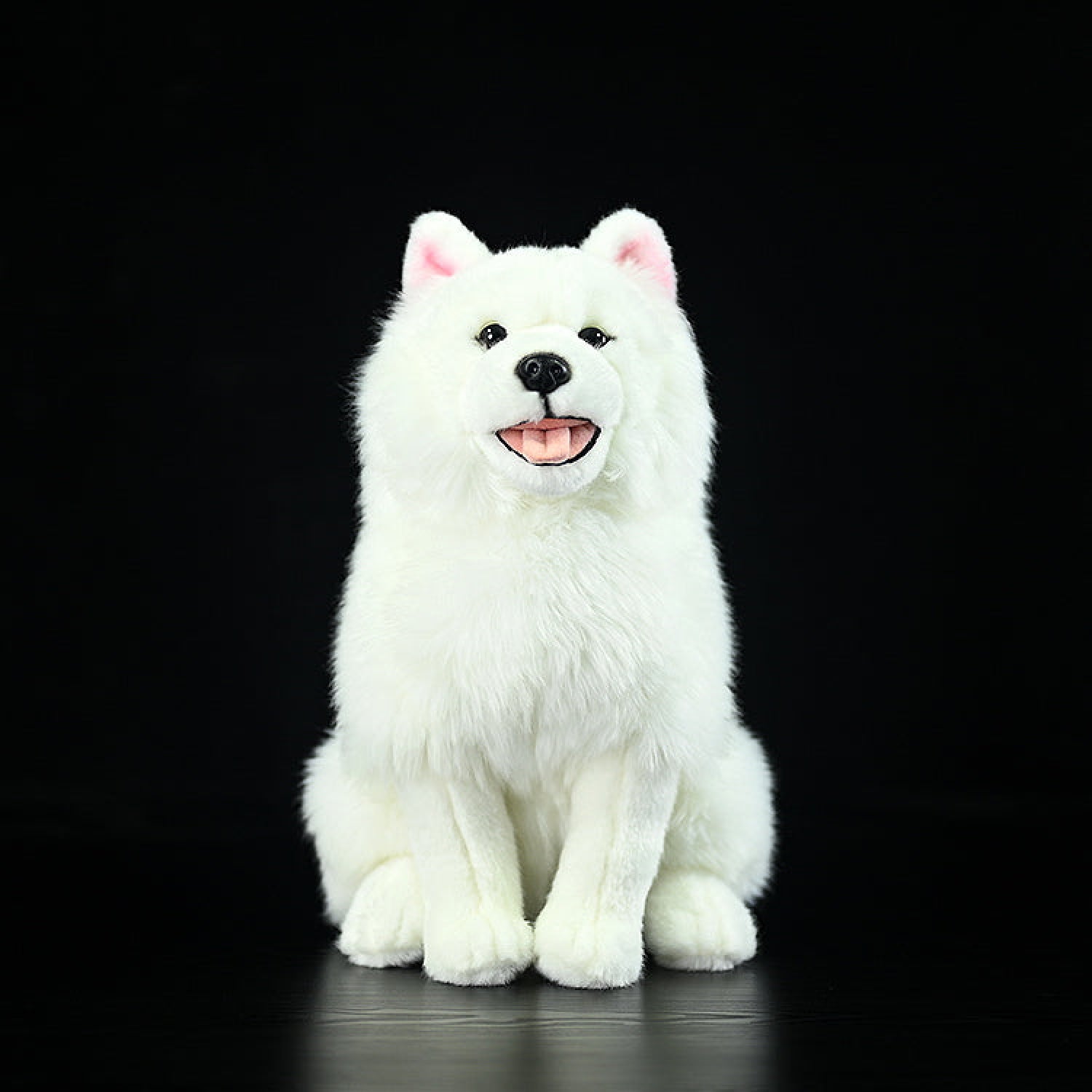 Front view of Samoyed dog plush toy with fluffy white fur and a happy expression by SoftDaysLab