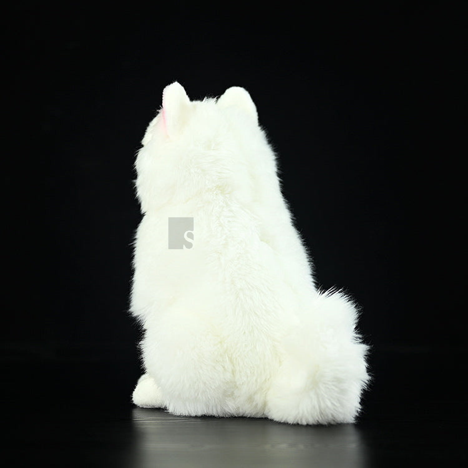 Rear view of Samoyed dog plush toy sitting, featuring its fluffy tail and soft texture by SoftDaysLab