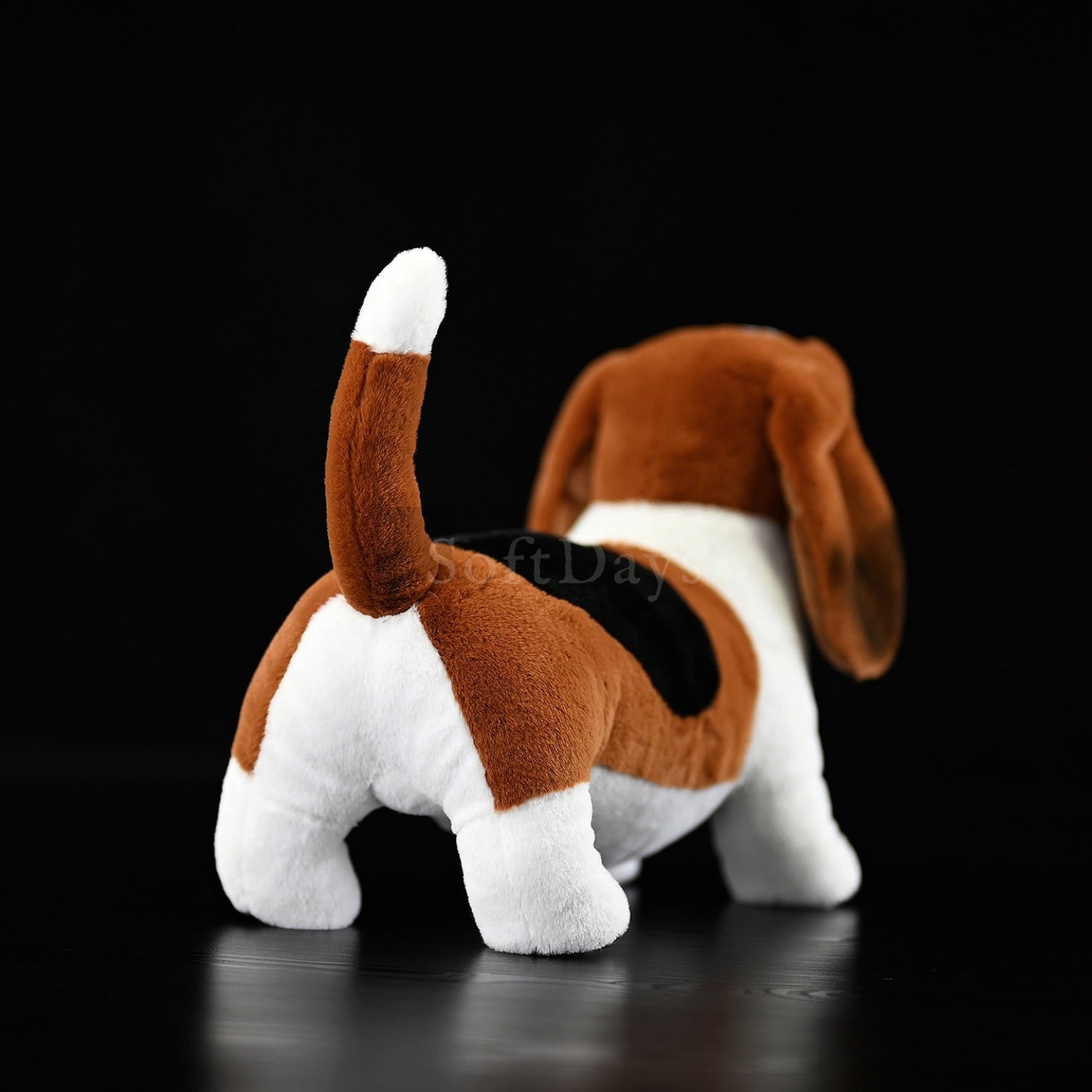 Rear view of basset hound dog plush toy showing its fluffy tail and tri-color fur by SoftDaysLab