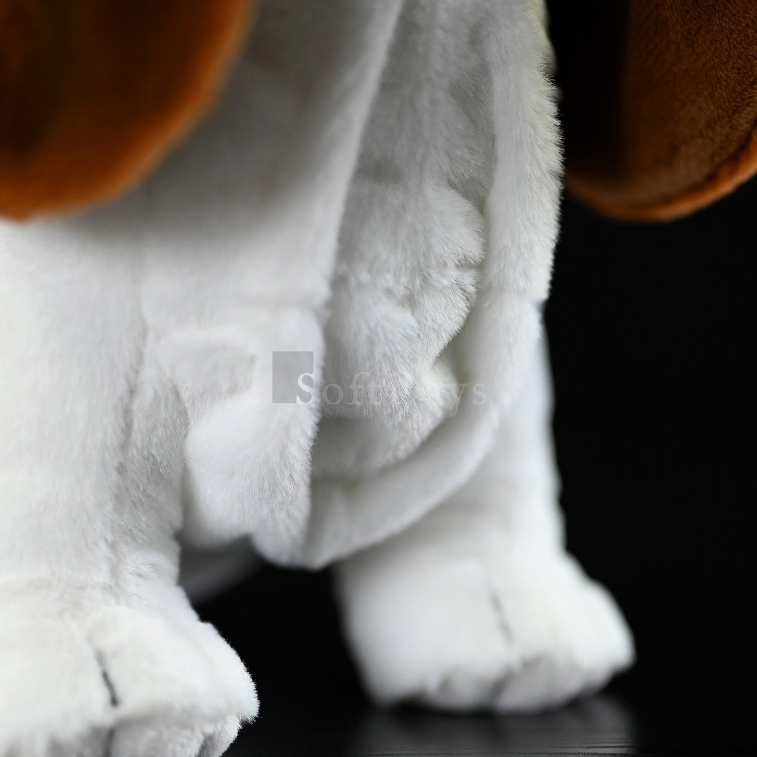 Close-up of basset hound dog plush toy’s chest and paws, showcasing detailed stitching and fluffy white fur by SoftDaysLab