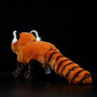 Back view of a red panda plush toy featuring its striped tail and high-quality fur detail