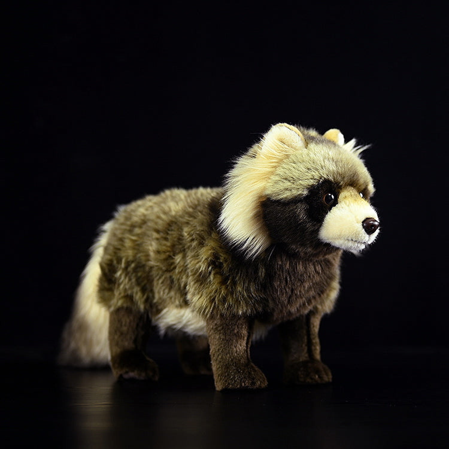 Realistic Japanese raccoon dog plush toy standing, showcasing lifelike fur and fluffy tail