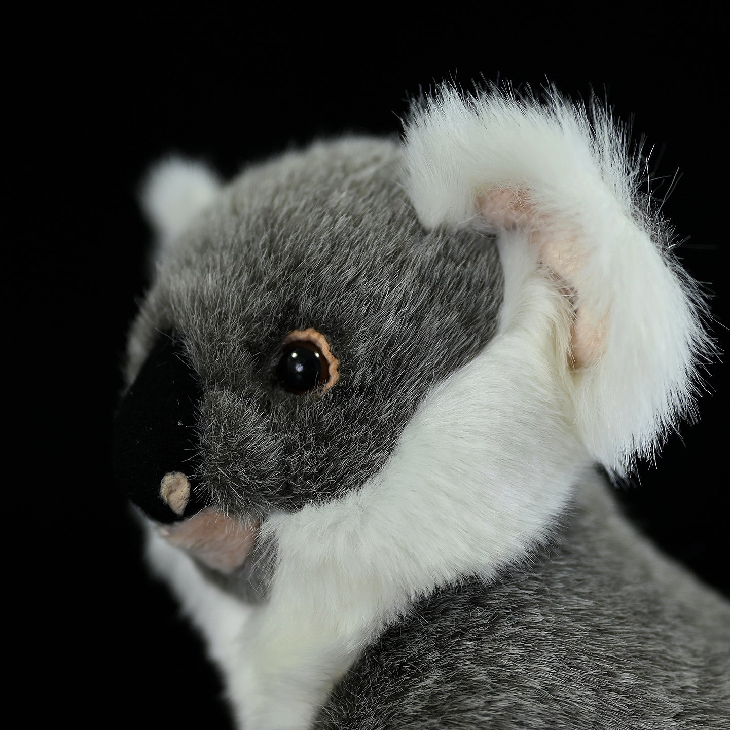 Close-up of a koala plush toy's face, showing detailed stitching and fluffy ears