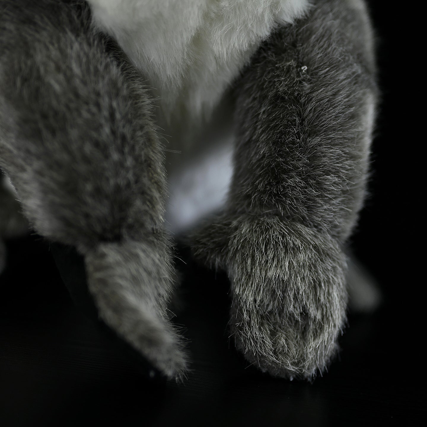 Close-up of the koala plush toy's paws, highlighting its soft and realistic fur texture