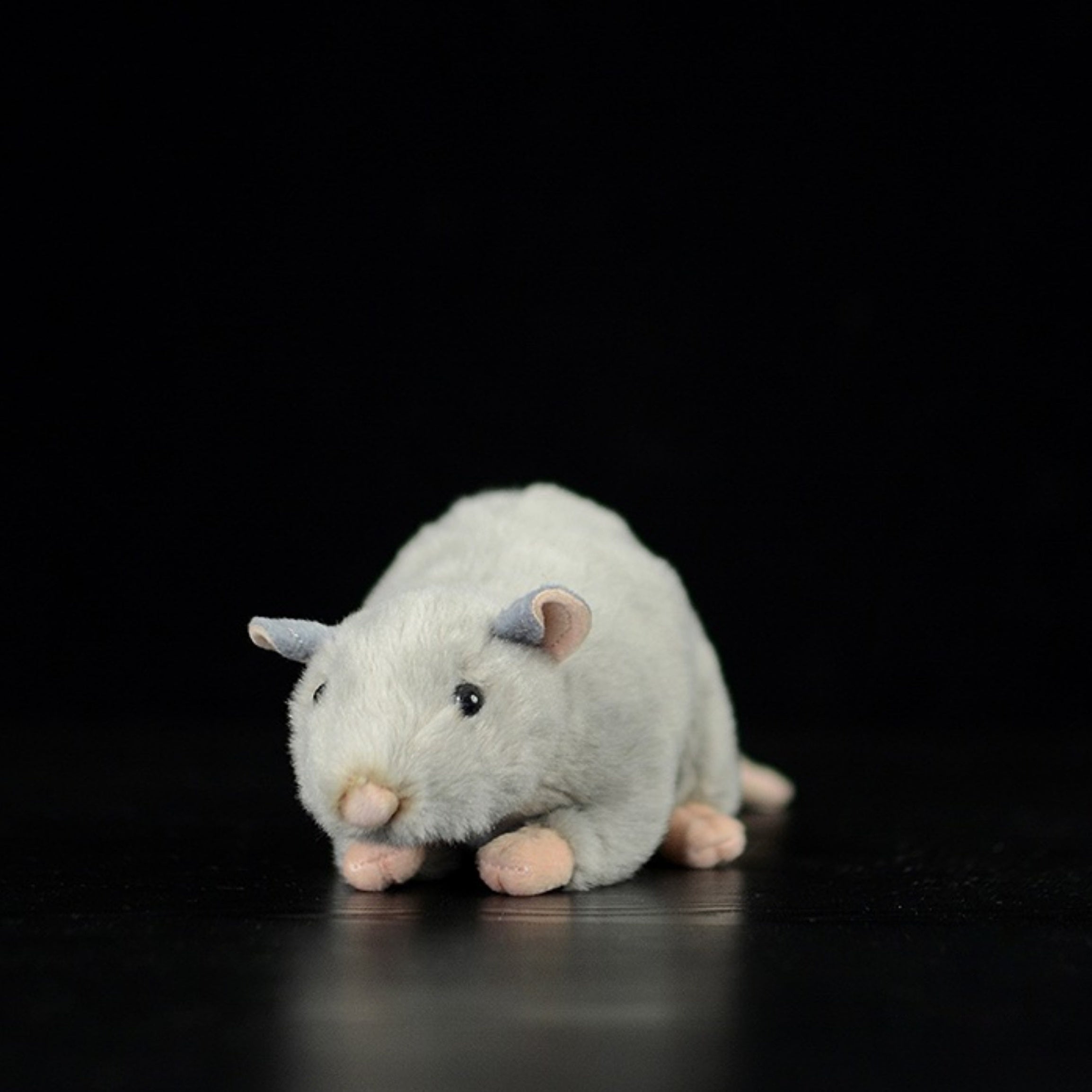 Front view of a grey mouse plush toy with lifelike fur and a charming, realistic design