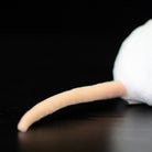 Detailed view of the white lab mouse plush toy’s tail, adding realism to this adorable stuffed animal