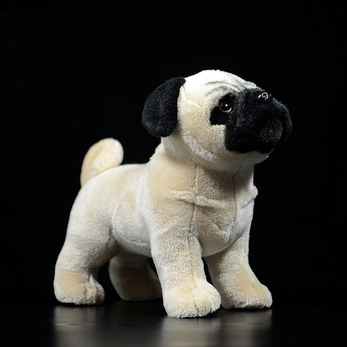 Realistic fawn pug plush toy with lifelike black mask, perfect for dog lovers and collectors
