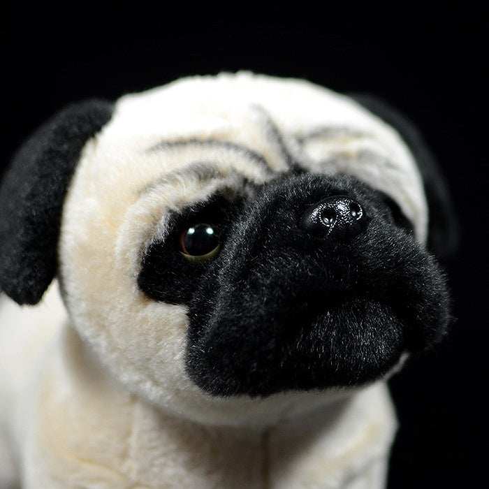 Close-up of a fawn pug plush's face, showing its adorable wrinkled forehead and lifelike black nose