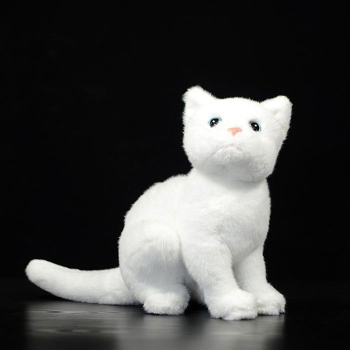 Realistic white cat plush toy with lifelike blue eyes, perfect for cat lovers and animal enthusiasts