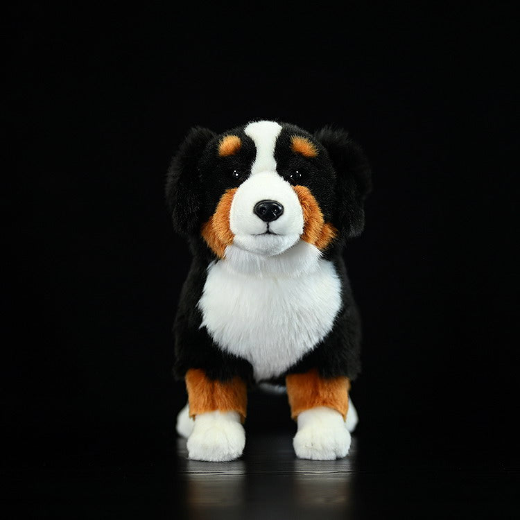 Front view of a Bernese Mountain Dog plush toy with a lifelike face and soft, cuddly texture
