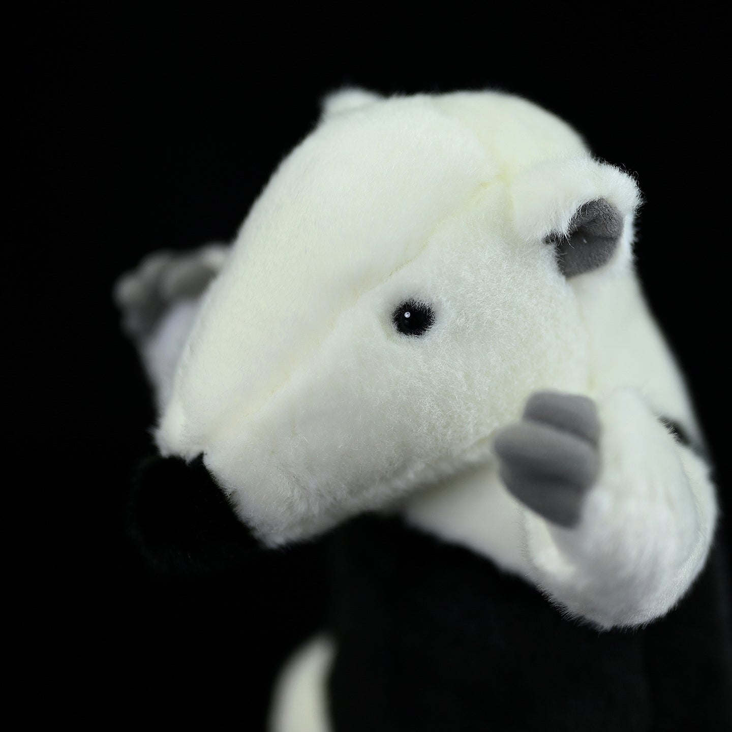 Close-up of a Southern Tamandua plush toy’s head, featuring realistic ears and soft material