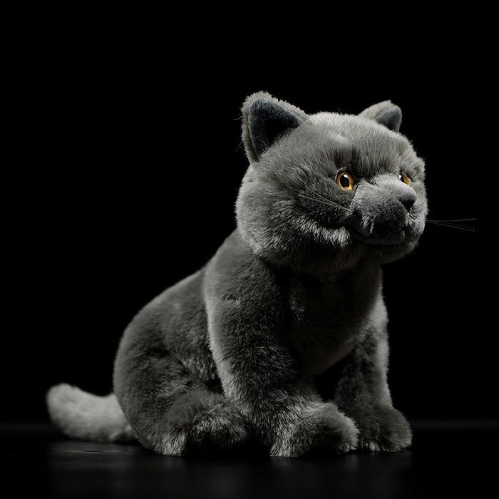 Side view of a realistic British Blue Shorthair plush cat toy, showcasing lifelike fur and design