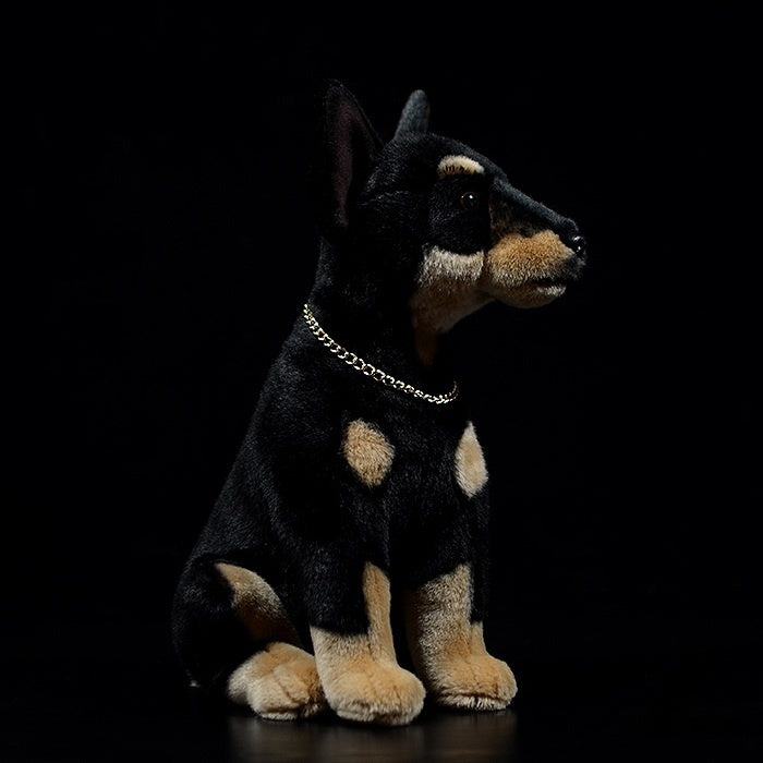 Side view of SoftDaysLab Doberman stuffed animal with elegant black and tan details and chain collar