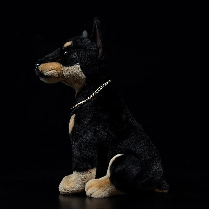 Profile of Doberman plush toy by SoftDaysLab, showcasing its lifelike structure and luxurious fur