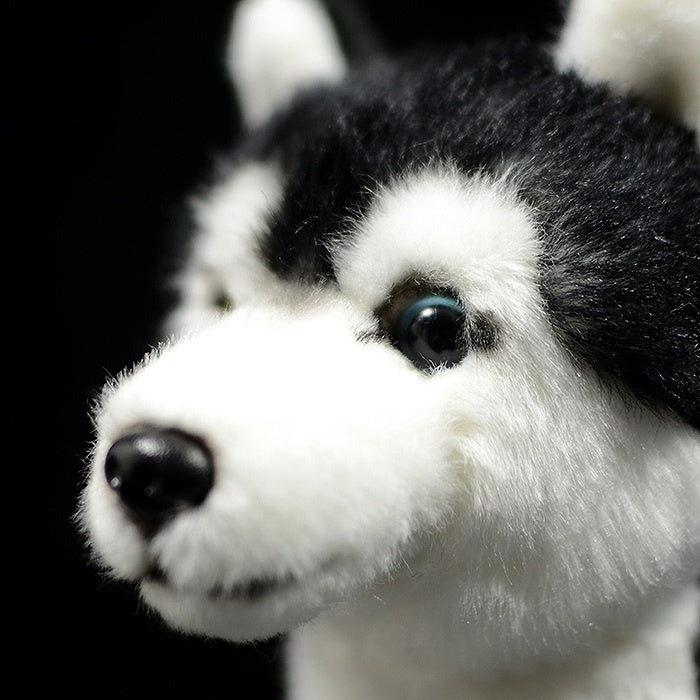Detailed view of the Siberian Husky plush toy’s striking eyes and realistic nose, perfect for dog lovers