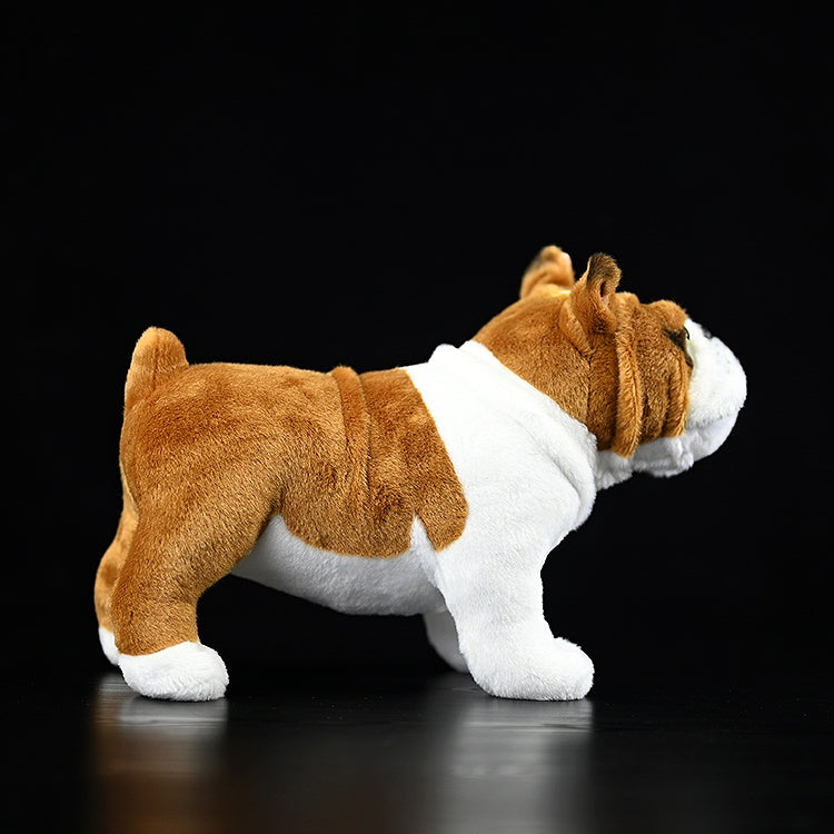 Side profile of a detailed English Bulldog plush toy, showcasing its realistic design and soft texture