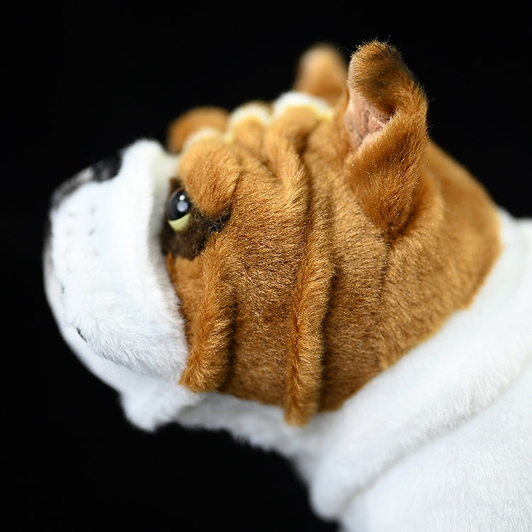 Side view of a realistic English Bulldog plush, featuring detailed fur texture and lifelike wrinkles