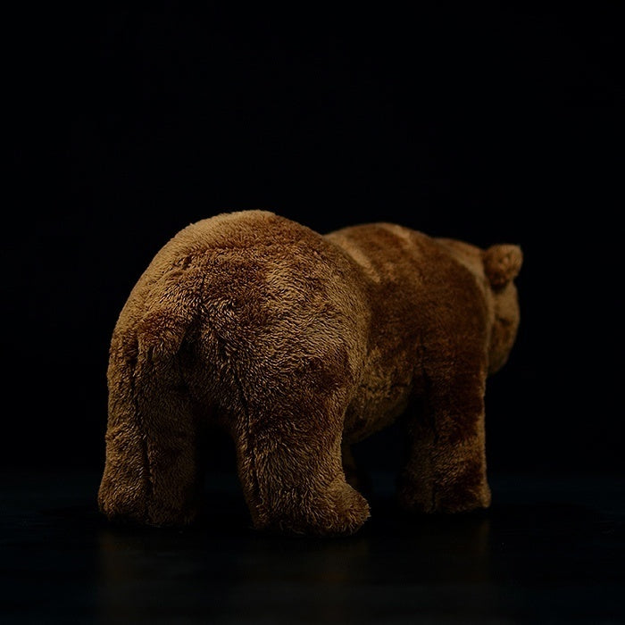 Rear view of a brown bear plush toy, highlighting its soft fur texture and lifelike body shape