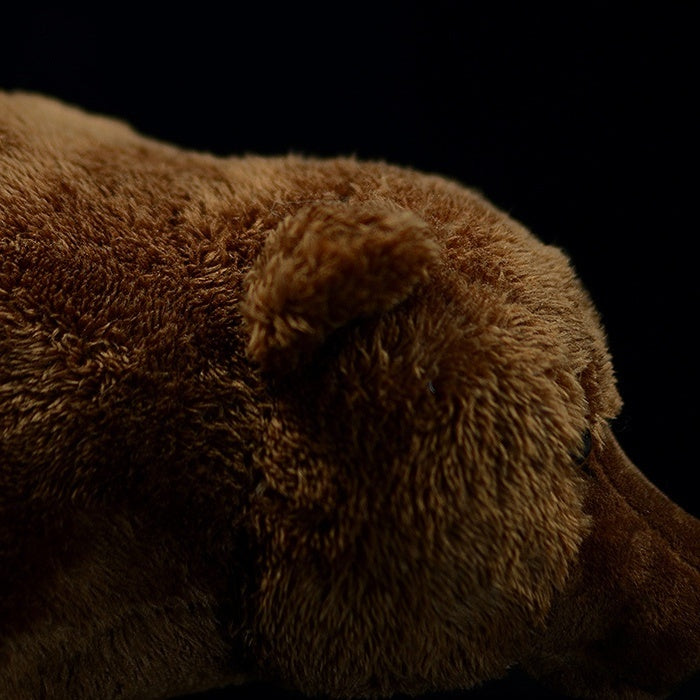 Side close-up of a brown bear plush toy's head, highlighting its fur texture and ear details