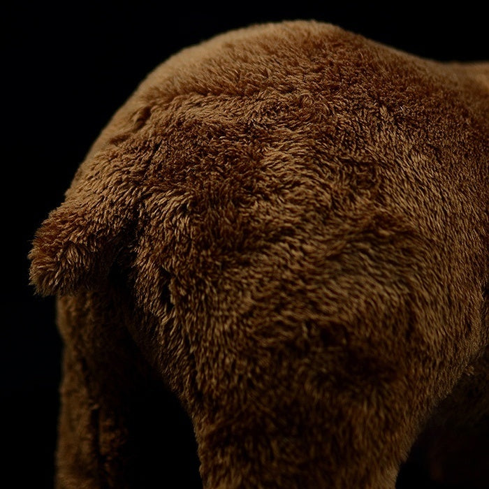 Close-up of the back of a brown bear plush, showcasing detailed fur texture and realistic design