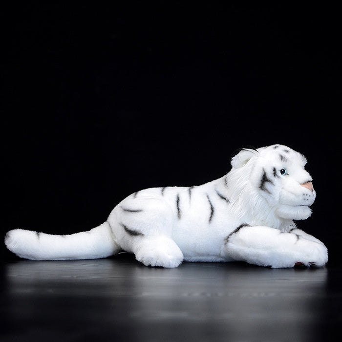 Side view of a realistic white tiger stuffed animal with soft fur and detailed stripes for collectors