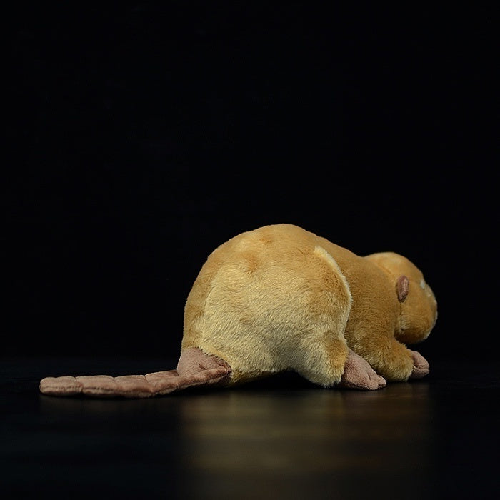 Rear view of a lifelike beaver plush toy featuring its iconic flat tail, made by SoftDaysLab