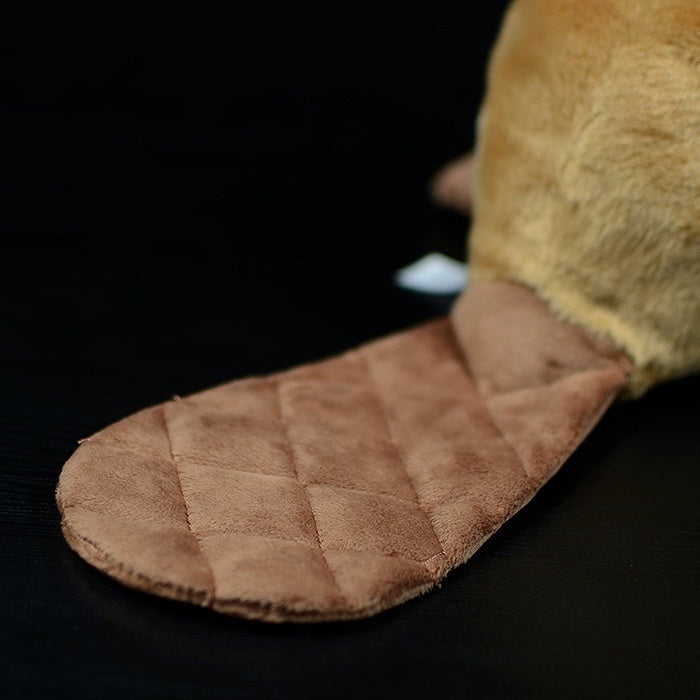 Detailed view of the plush beaver’s flat tail with quilted texture, designed for realism by SoftDaysLab